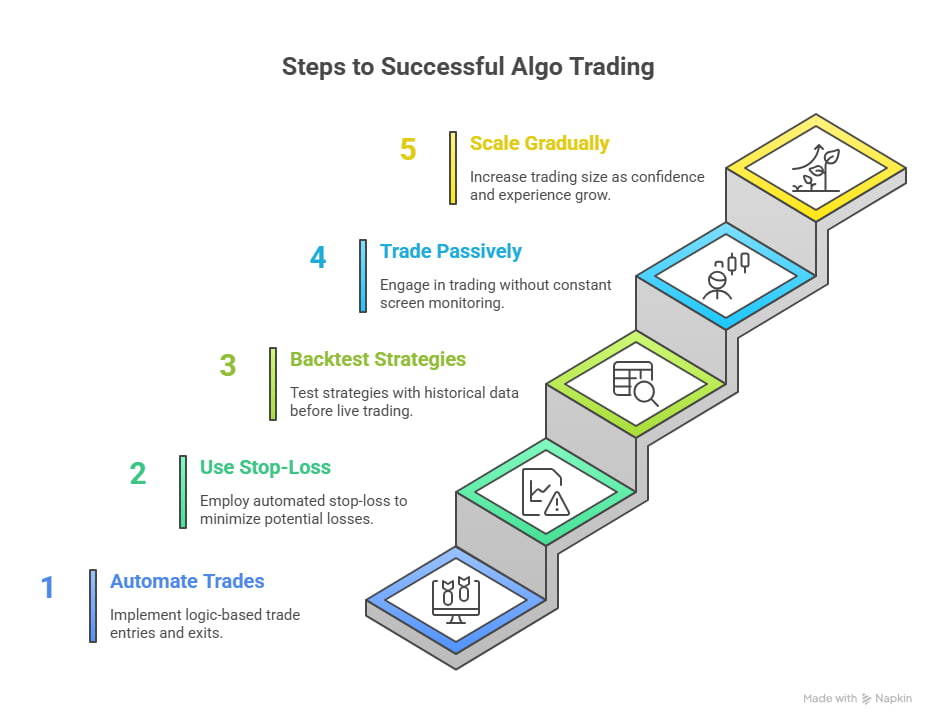 Smart Strategies for Beginners to Use in Algorithmic Trading. Illustration showing beginner-friendly strategies for algorithmic trading, including automated decision-making, data analysis, and risk management tools.