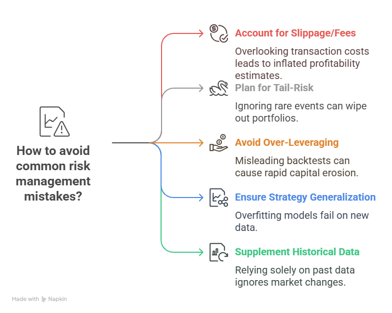 How to Avoid Common Risk Management Mistakes in Algorithmic Trading – A visual summary of frequent pitfalls and how to mitigate them.. A visual guide titled 'How to Avoid Common Risk Management Mistakes' showing key points such as over-leveraging, ignoring backtesting, neglecting stop-losses, and failing to monitor market conditions, with icons representing each concept.