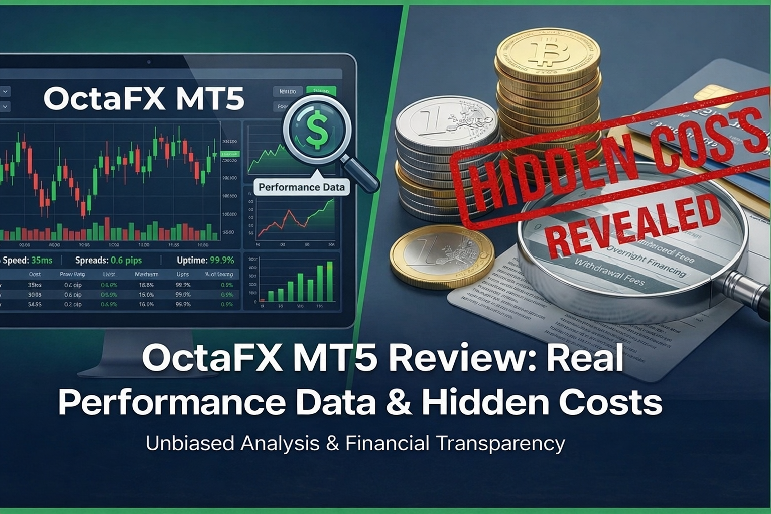 A professional featured image titled "OctaFX MT5 Review: Real Performance Data and Hidden Costs." The image displays a high-tech split-screen design. On the left, a digital tablet shows the MetaTrader 5 (MT5) interface with advanced candlestick charts and execution speed metrics. The right side features an analytical layout highlighting "Performance Data" with rising green line graphs and a "Hidden Costs" section represented by a magnifying glass over a list of trading spreads and commissions. The OctaFX logo is positioned in the top corner against a sleek, dark blue corporate background.