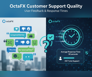 A split-screen featured image titled "OctaFX Customer Support Quality." The left side shows various colorful speech bubbles representing user feedback, including both positive and negative icons (thumbs up/down, smiling/frowning faces) and quotes like "Resolved my issue quickly!" and "Long wait times!" The right side features a dark blue, technical background with a glowing digital clock and a progress bar highlighting "Average Response Time: 30 seconds" and "24/7 Live Support.