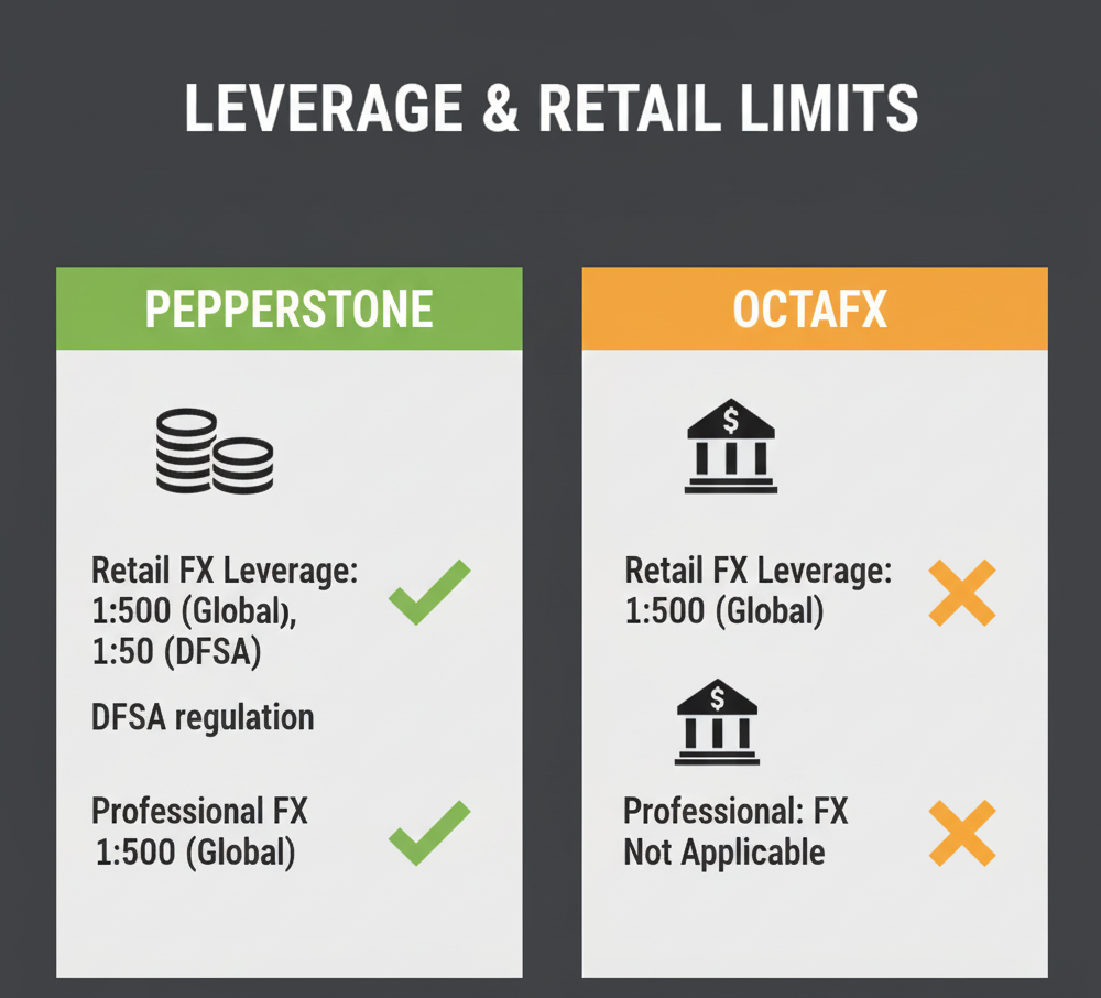Comparison graphic showing leverage and retail limits for Pepperstone and OctaFX. Pepperstone offers retail FX leverage of 1:500 globally and 1:50 under DFSA, plus professional FX leverage of 1:500 globally, all marked with green checkmarks. OctaFX shows retail FX leverage of 1:500 globally and no professional FX option, both marked with orange X icons.