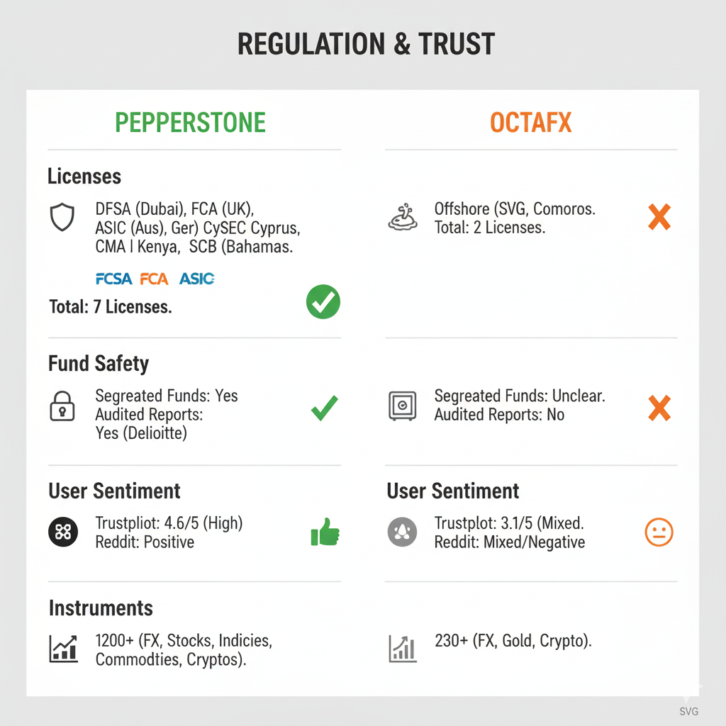 Comparison chart titled ‘Regulation & Trust’ showing Pepperstone versus OctaFX. Pepperstone lists seven regulatory licenses (DFSA, FCA UK, ASIC, CySEC, CMA Kenya, SCB Bahamas) with green checkmarks, confirmed segregated funds and audited reports, high user sentiment ratings, and over 1200 tradable instruments. OctaFX shows two offshore licenses (SVG, Comoros) with orange X icons, unclear fund segregation, no audited reports, mixed or negative user sentiment, and 230+ tradable instruments.