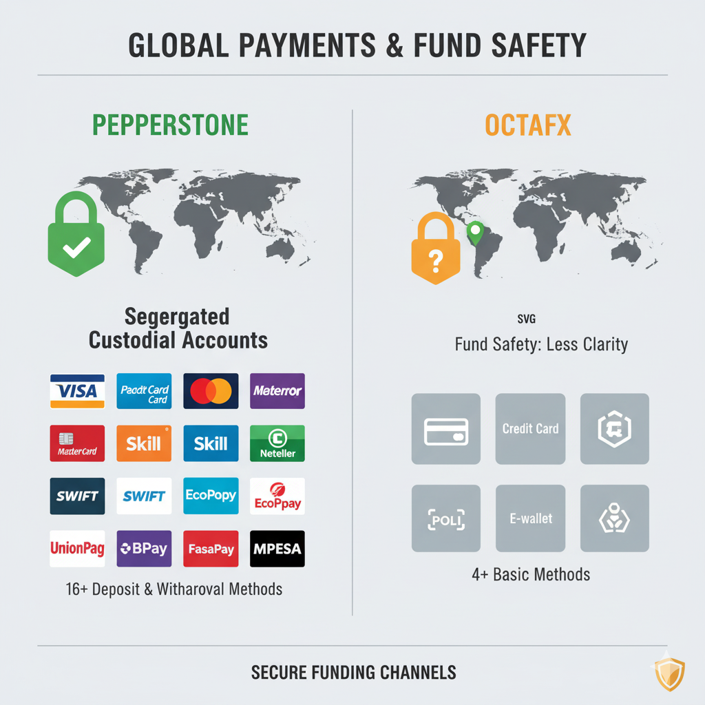Comparison graphic titled ‘Global Payments & Fund Safety’ showing Pepperstone versus OctaFX. Pepperstone displays a world map with a green lock indicating segregated custodial accounts and lists more than 16 deposit and withdrawal methods including Visa, Mastercard, Skrill, Neteller, Swift, EcoPayz, BPAY, FasaPay, and M-Pesa. OctaFX shows a world map with an orange lock and a question mark, labeled ‘SVG – Fund Safety: Less Clarity,’ offering only four basic payment methods such as credit card and e-wallet
