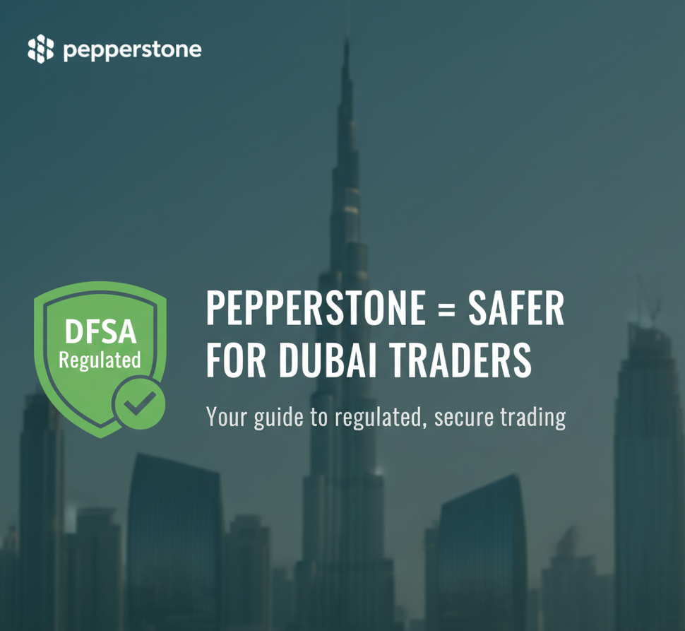 An advertisement for the financial broker Pepperstone against a blurred background of the Dubai skyline, featuring the Burj Khalifa. A green, shield-shaped badge on the left states 'DFSA Regulated' with a checkmark. The main text reads: 'PEPPERSTONE = SAFER FOR DUBAI TRADERS' and a tagline below says: 'Your guide to regulated, secure trading.' 