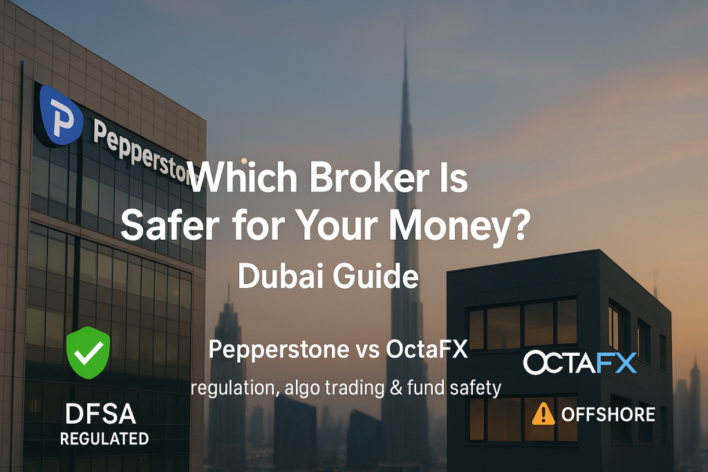 Promotional graphic showing Pepperstone vs OctaFX with the headline ‘Which Broker Is Safer for Your Money? Dubai Guide.’ Background includes modern buildings and the Burj Khalifa. Pepperstone is labeled DFSA regulated, and OctaFX is labeled offshore.