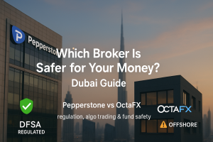 Promotional graphic showing Pepperstone vs OctaFX with the headline ‘Which Broker Is Safer for Your Money? Dubai Guide.’ Background includes modern buildings and the Burj Khalifa. Pepperstone is labeled DFSA regulated, and OctaFX is labeled offshore.
