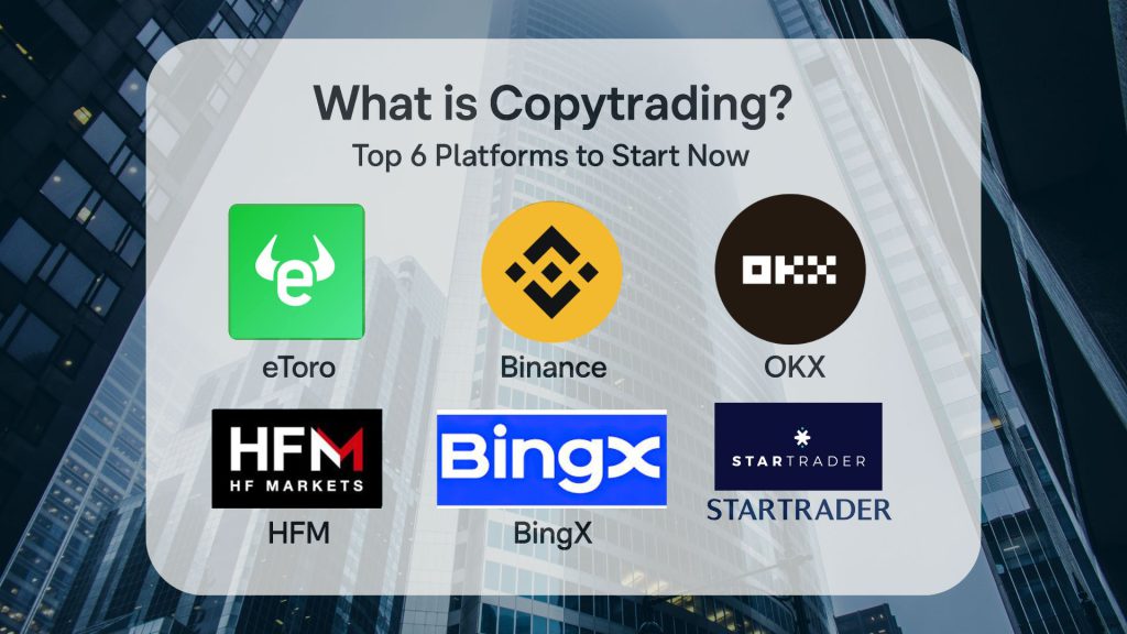 A presentation slide with the title "What is Copytrading? Top 6 Platforms to Start Now."
The slide features the logos and names of six copytrading platforms arranged in two rows:
Top Row: eToro, Binance, OKX
Bottom Row: HFM (HF Markets), BingX, StarTrader
The background is a blurred, modern cityscape of dubai for dubai traders.