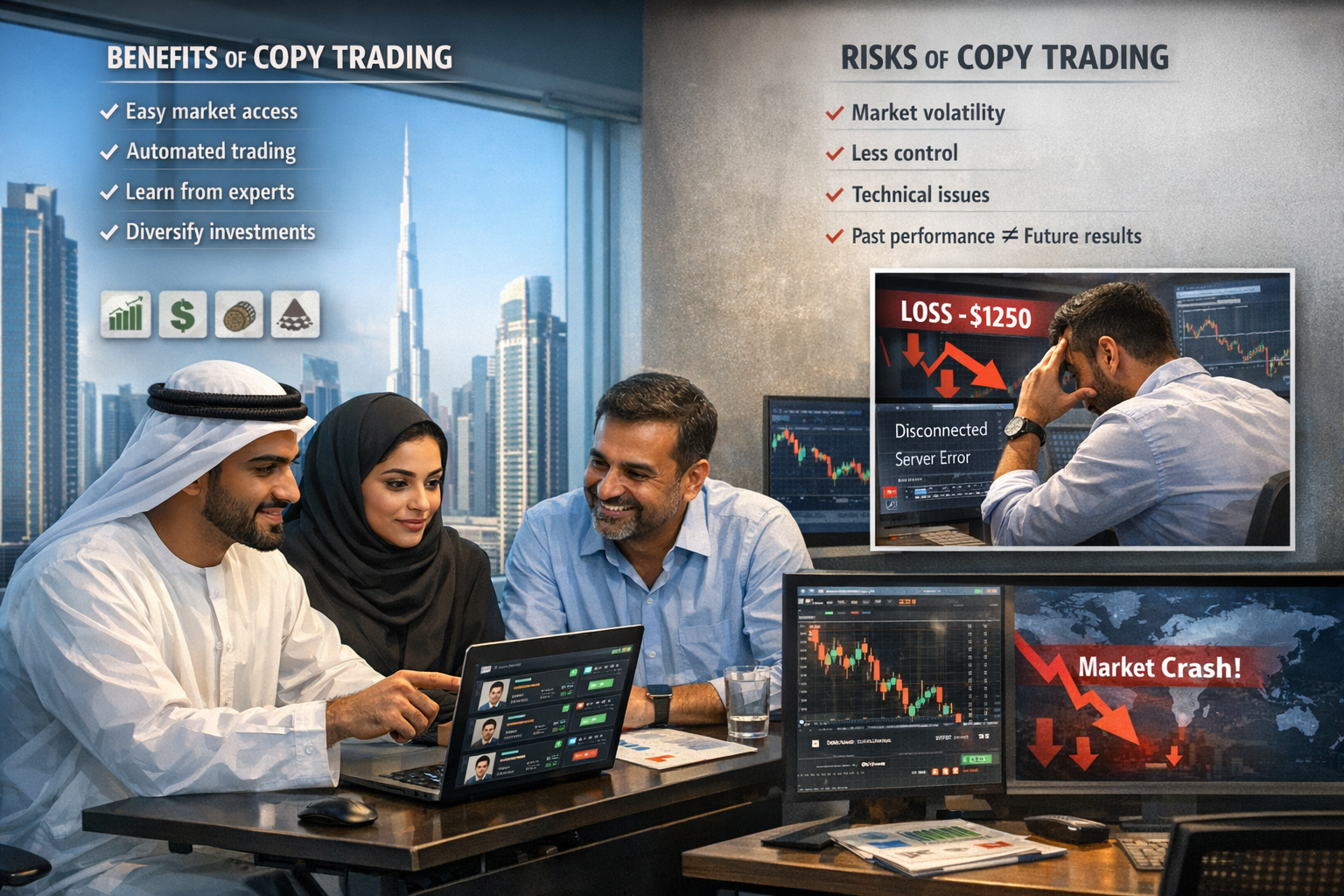 Dubai traders discussing copy trading in a modern office with the Burj Khalifa visible, showing benefits like automation and diversification on one side and risks such as market losses and technical issues on the other.