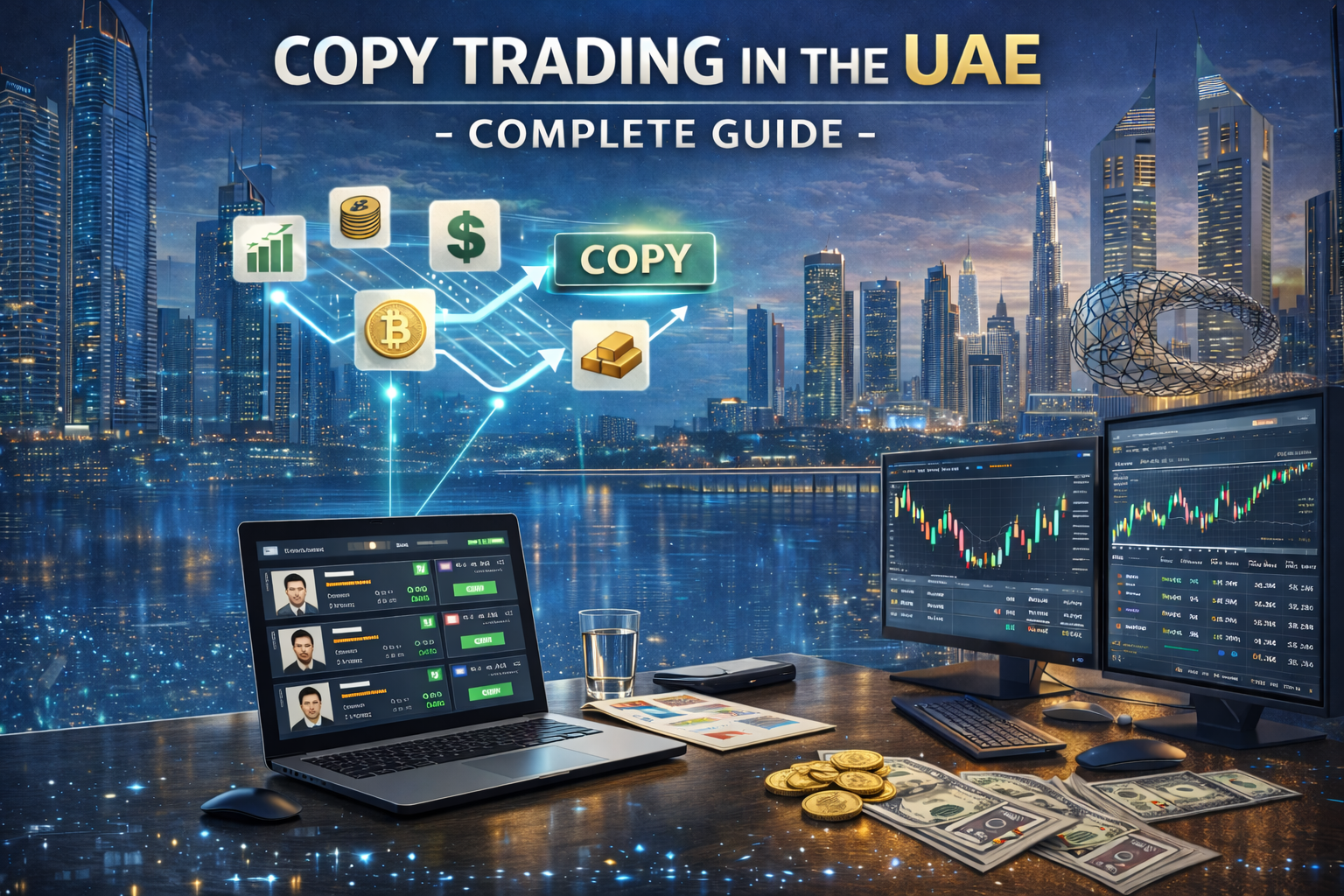 Copy trading in the UAE concept image showing Dubai’s night skyline with trading screens, a laptop displaying trader profiles, connected asset icons, and financial charts representing automated investing.
