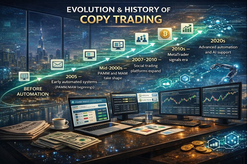 Timeline infographic showing the evolution of copy trading, from manual trade sharing and early PAMM/MAM systems to social trading platforms, MetaTrader signals, crypto copy trading, and AI-driven automation in the 2020s.
